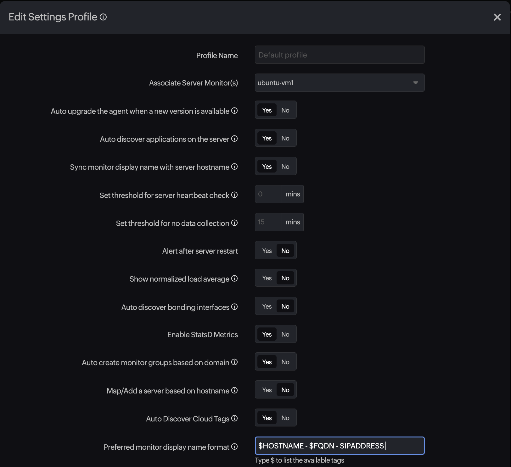 screenshot of the settings page of server monitor