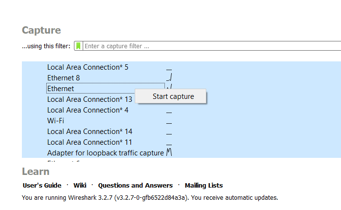 wireshark-capture Start capture