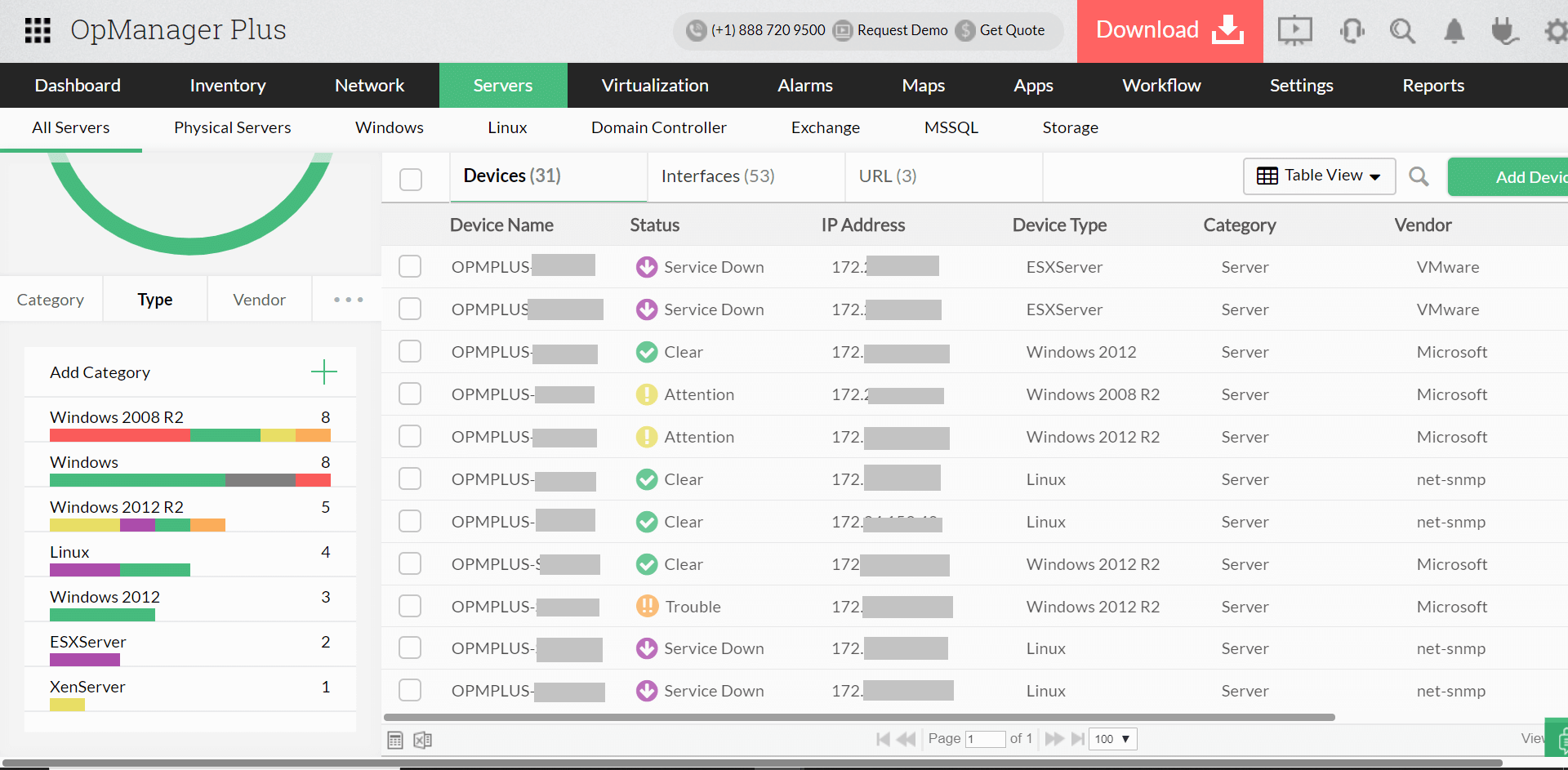 Enterprise Server Monitoring Types - ManageEngine OpManager Plus