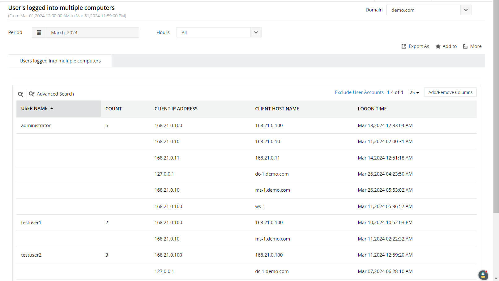 Report sulla cronologia degli accessi a più computer