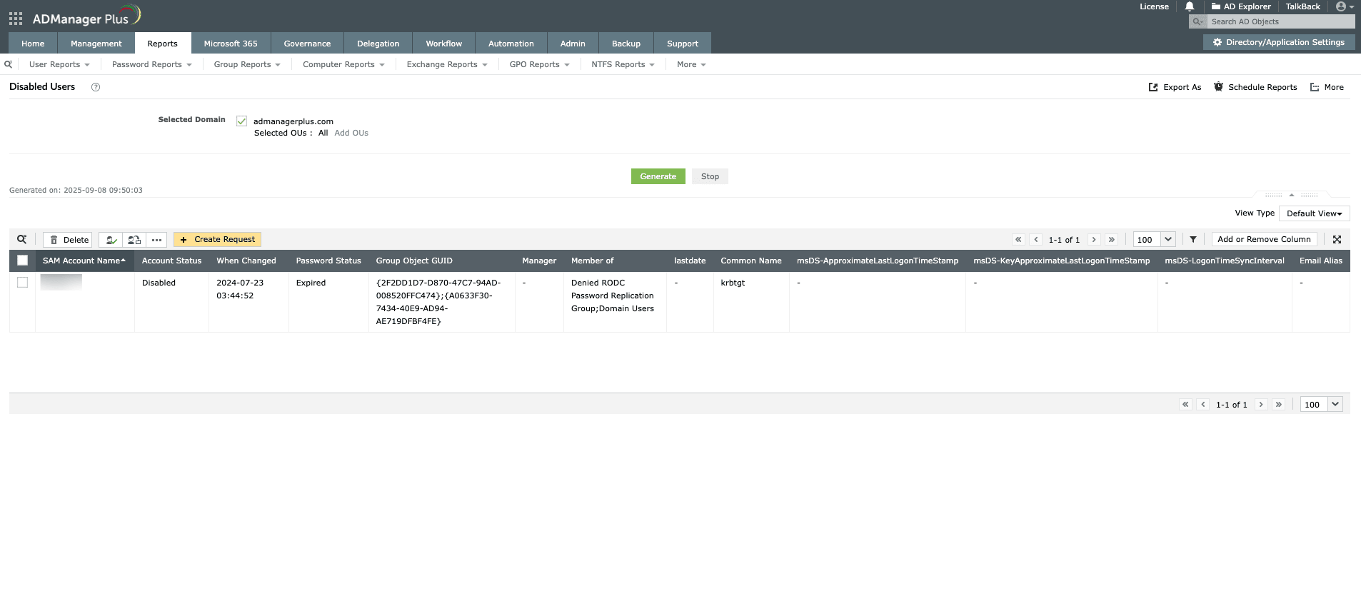 Questa immagine mostra il report Utenti disabilitati di ADManager Plus.