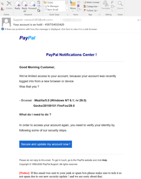 Screenshot di e-mail di phishing scam via PayPal