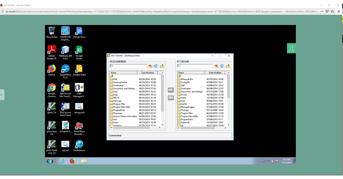 Dashboard transferencia remota de archivos ManageEngine Desktop Central