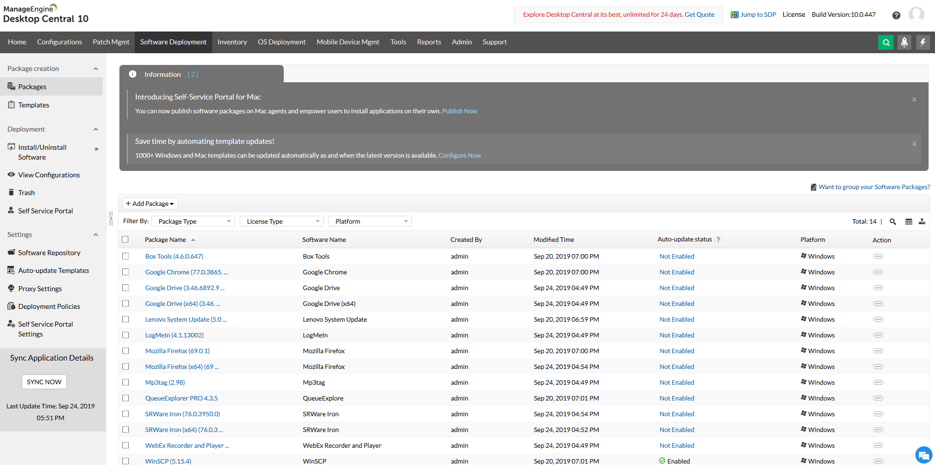 Dashboard ManageEngine Endpoint Central paquetes de software
