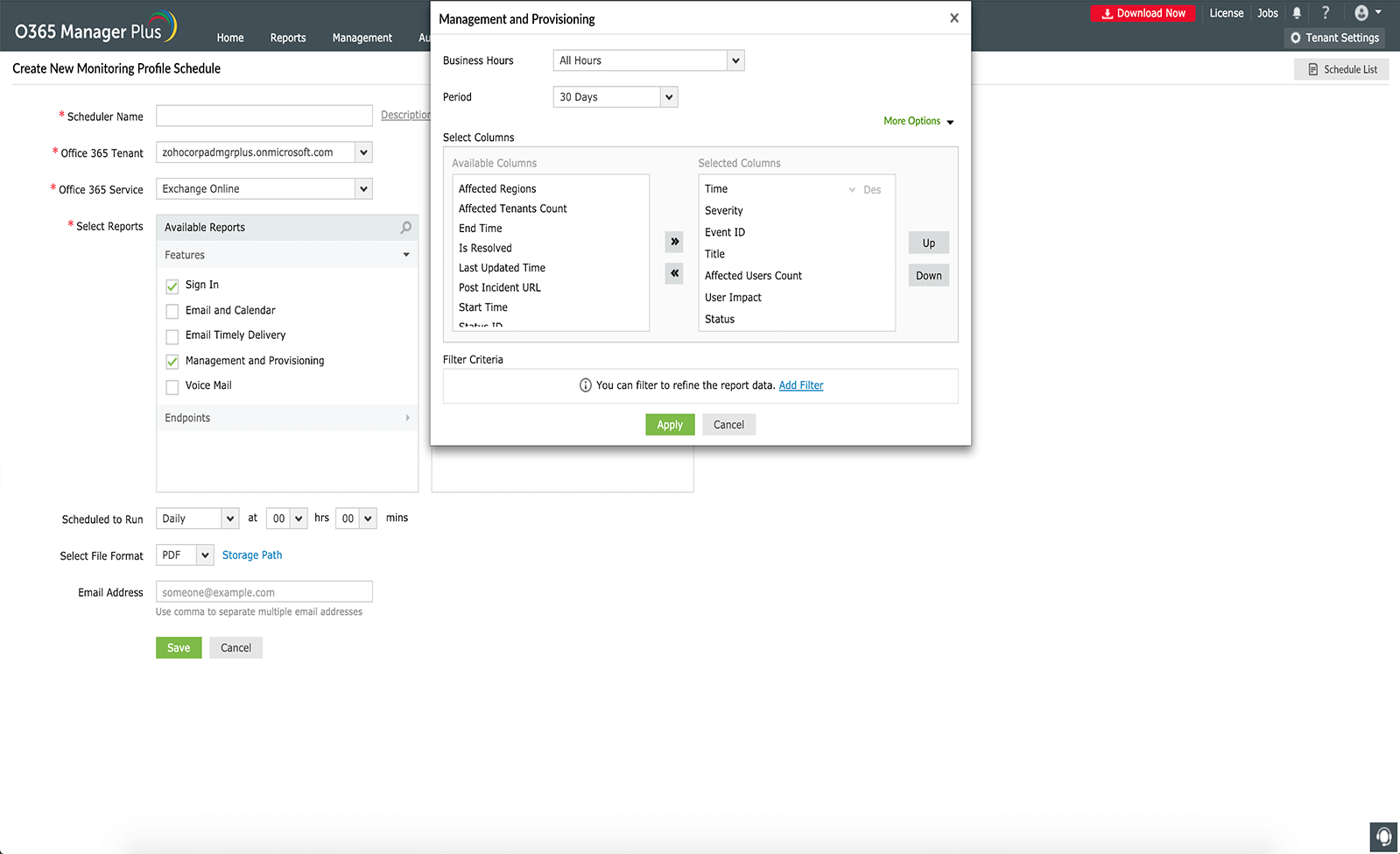 Schedule reports for monitoring profiles