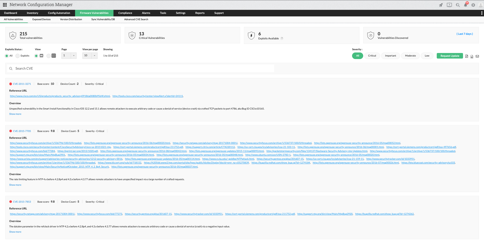 Dashboard de gestión de vulnerabilidades de firmware de Network Configuration Manager