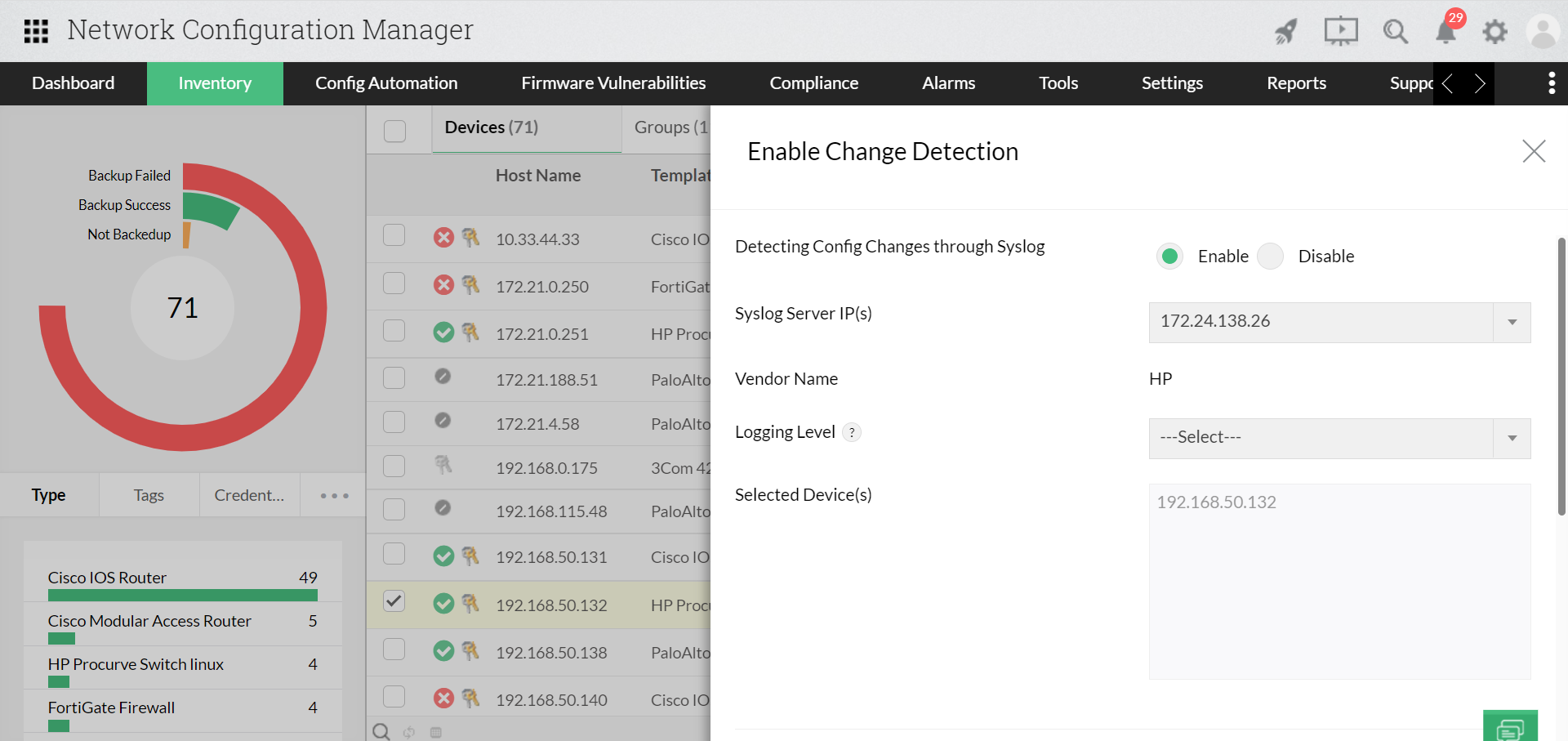 Dahsboard de automatización de redes de detección de cambios de Network Configuration Manager