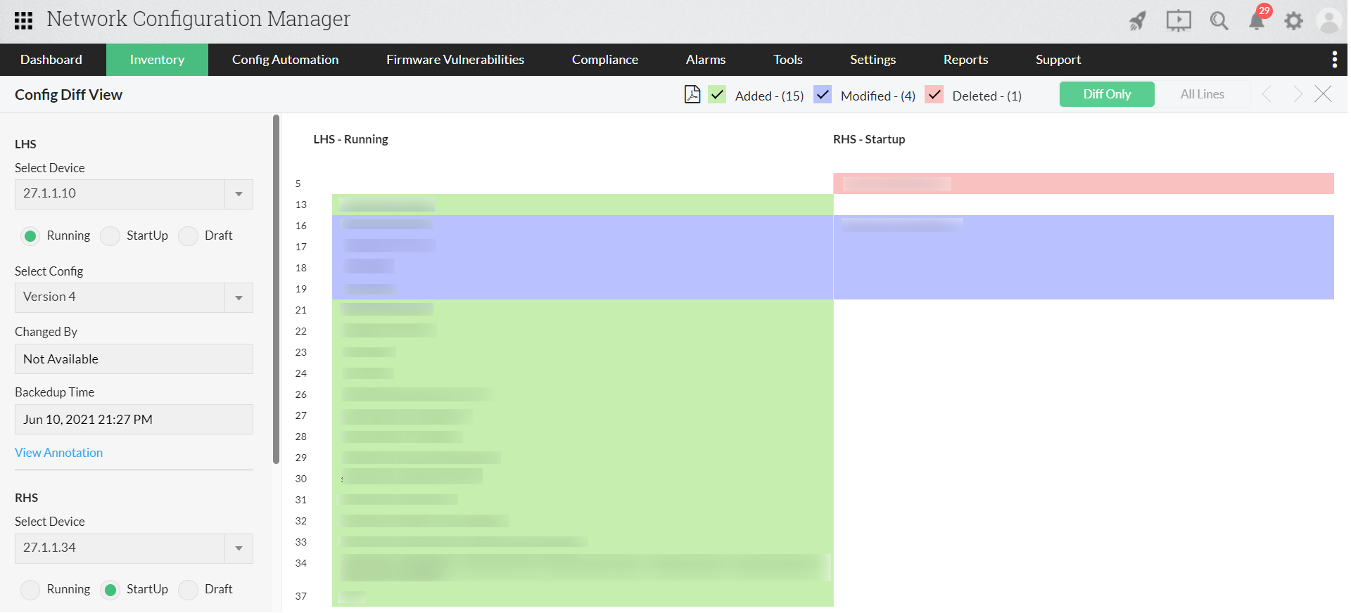 Dashboard de Diff view Brocade de Network Configuration Manager