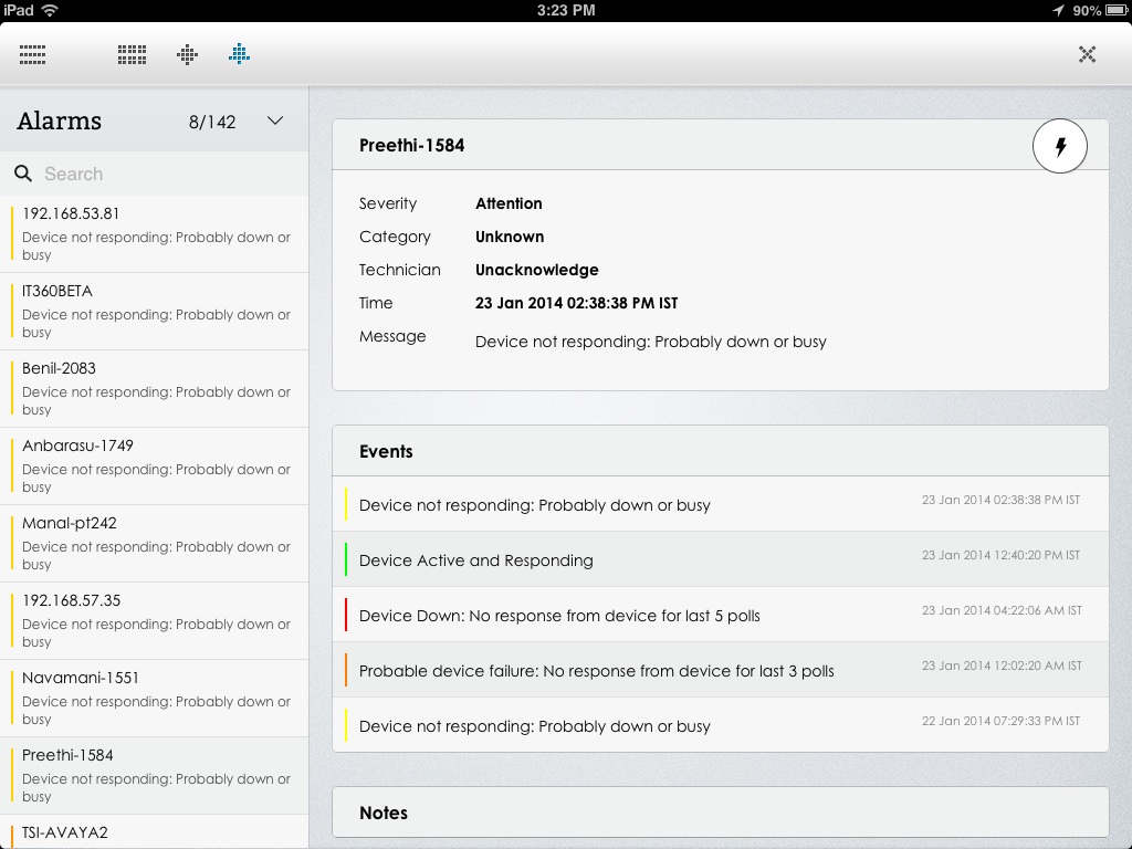 Detalles de alarmas - ManageEngine OpManager para iPad