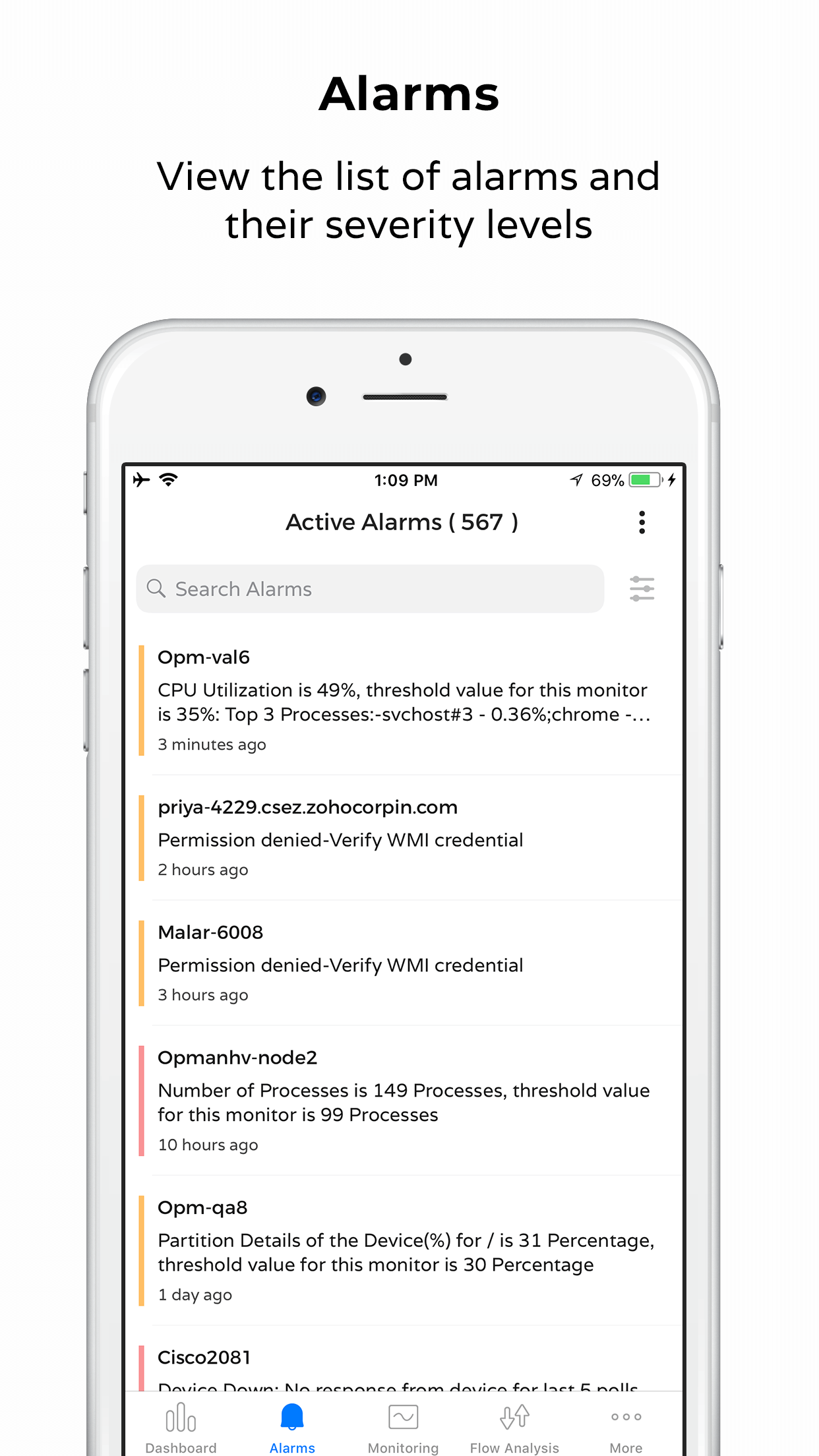 Detalles de alarmas de dispositivos - Aplicación ManageEngine OpManager para iPhone
