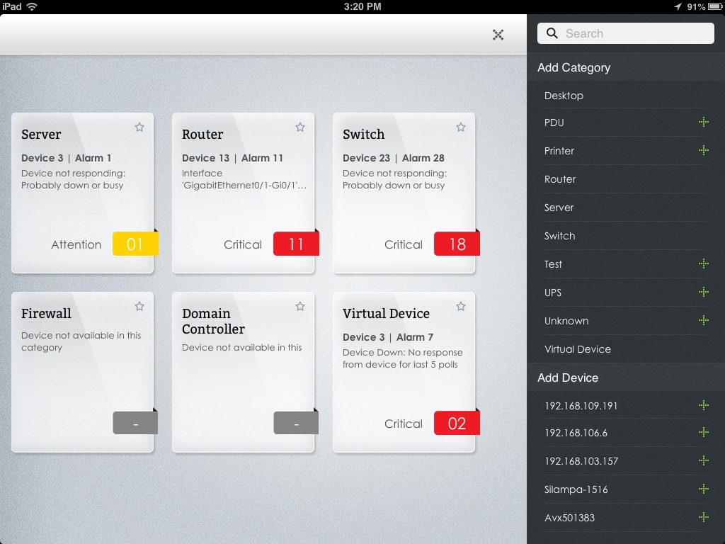 Añadir nuevo dispositivos de categoría - ManageEngine OpManager para iPad