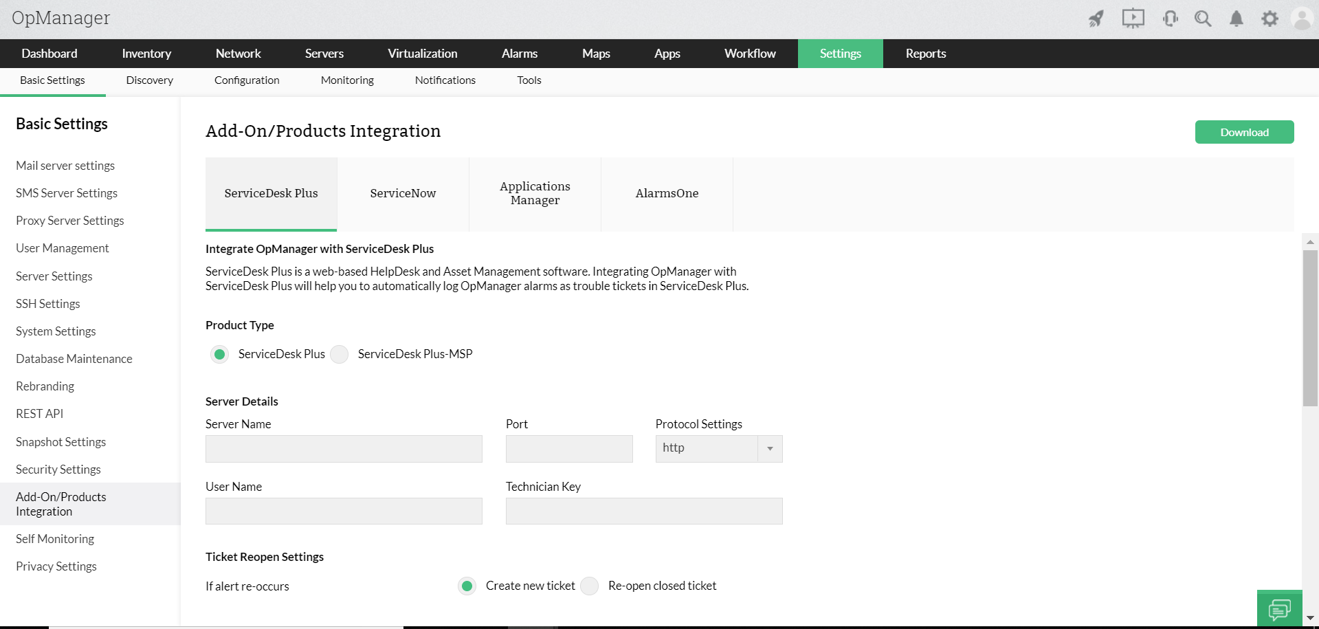 Integración de ServiceDesk Plus y Service Now con ManageEngine OpManager
