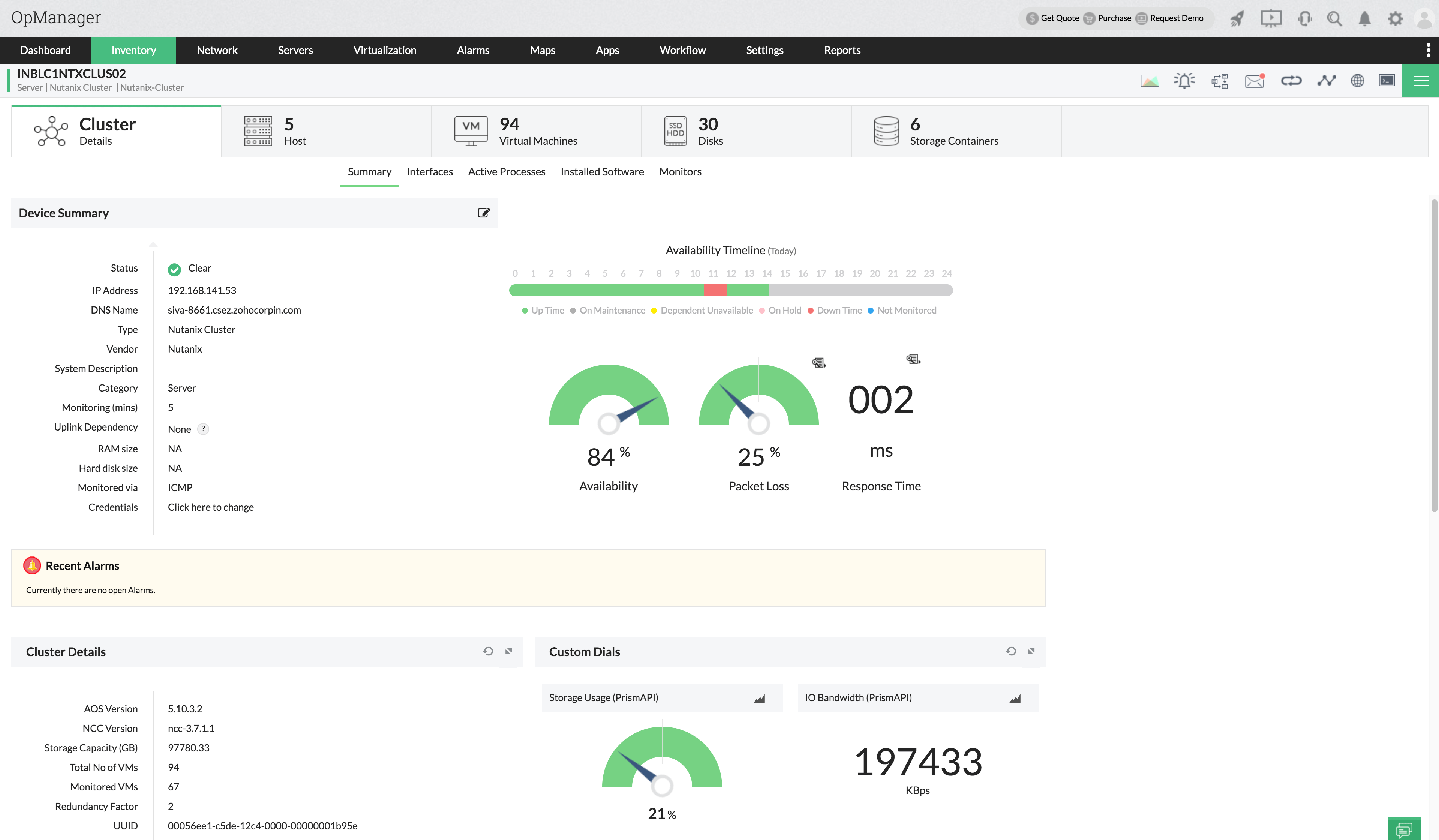 Cluster snapshot page in Nutanix Monitoring - ManageEngine OpManager