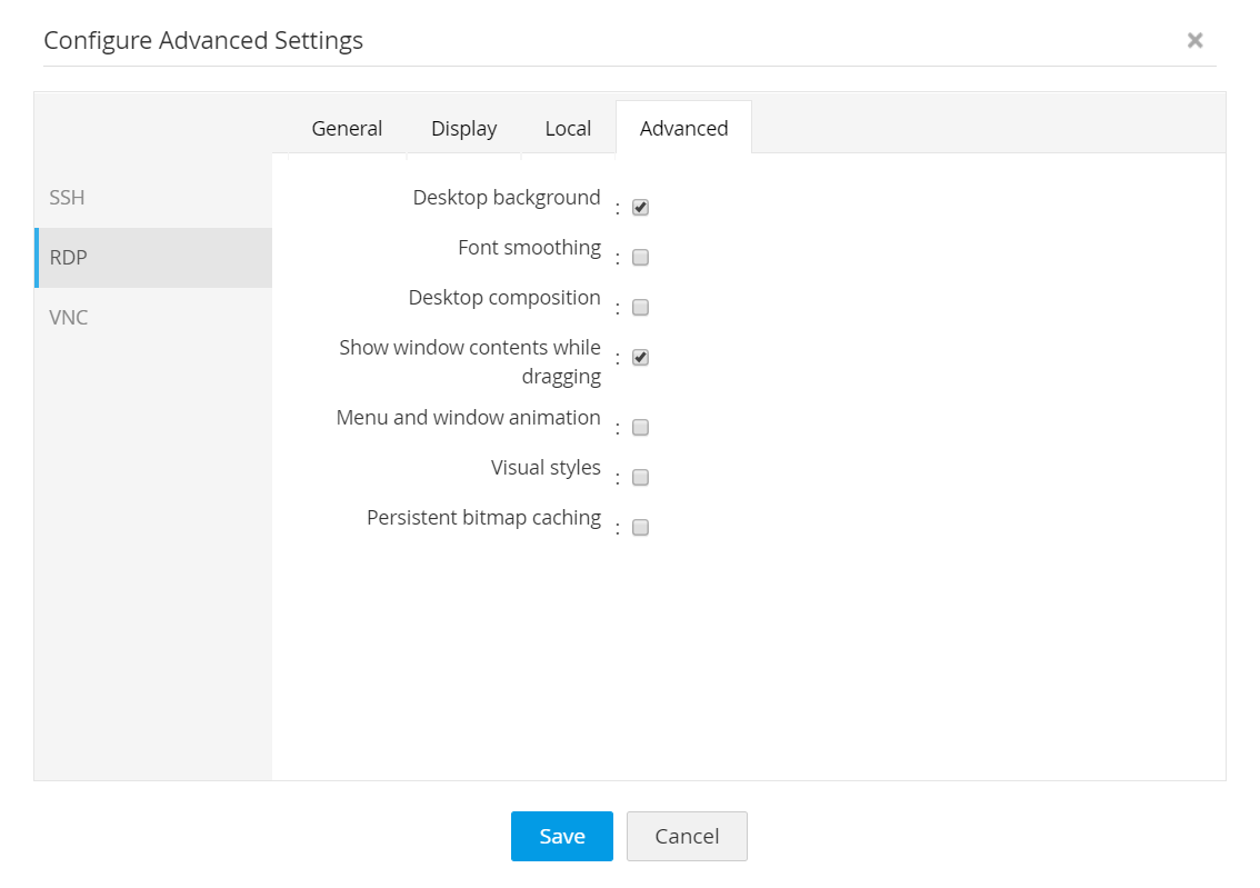 Dashboard de configuración de sesiones avanzadas con conexiones RDP usando Access Manager Plus