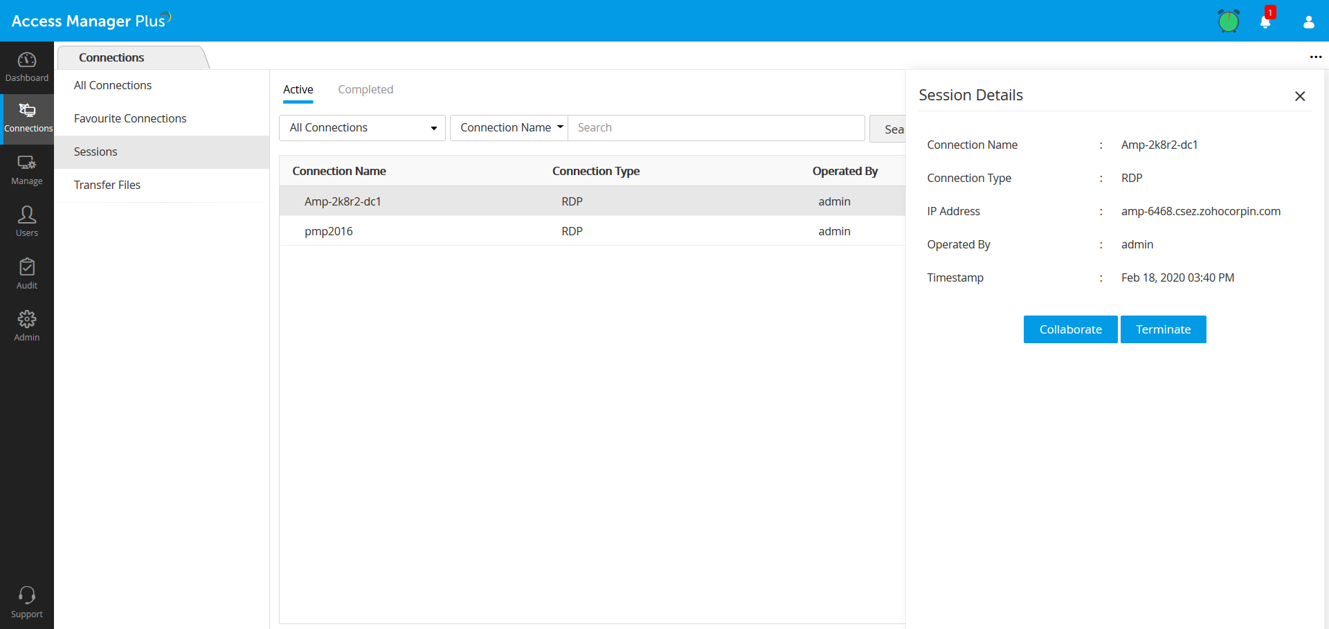 Dashboard de sesiones en tiempo real de colaboración y shadowing con Access Manager Plus
