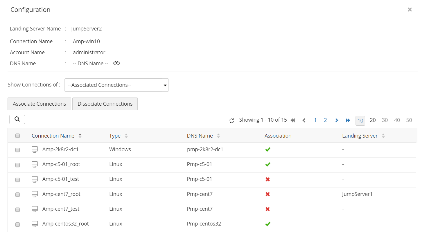 Dashboard de asociación de conexiones de landing servers con Access Manager Plus