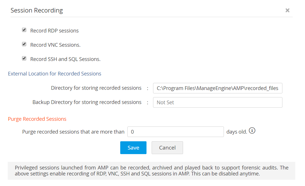 Dashboard de grabaciones de sesiones PAM con Access Manager Plus