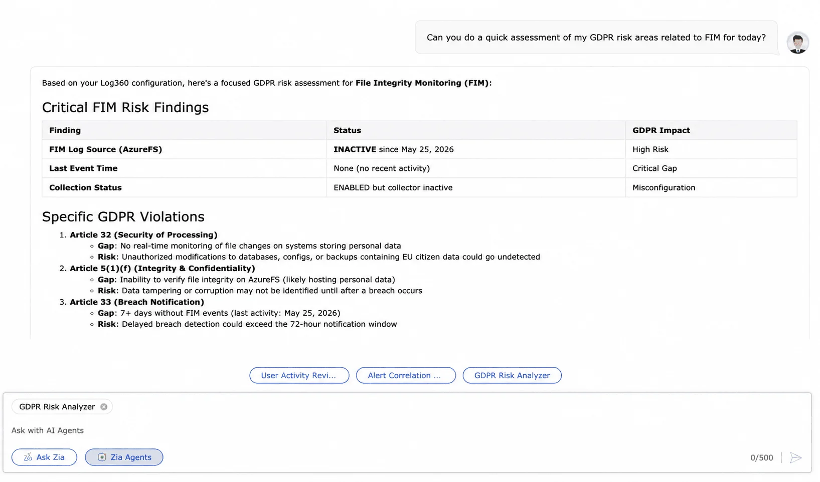 Zia AI Agents analyses GDPR compliance risk areas based on instructions, tools, knowledge, and guardrails