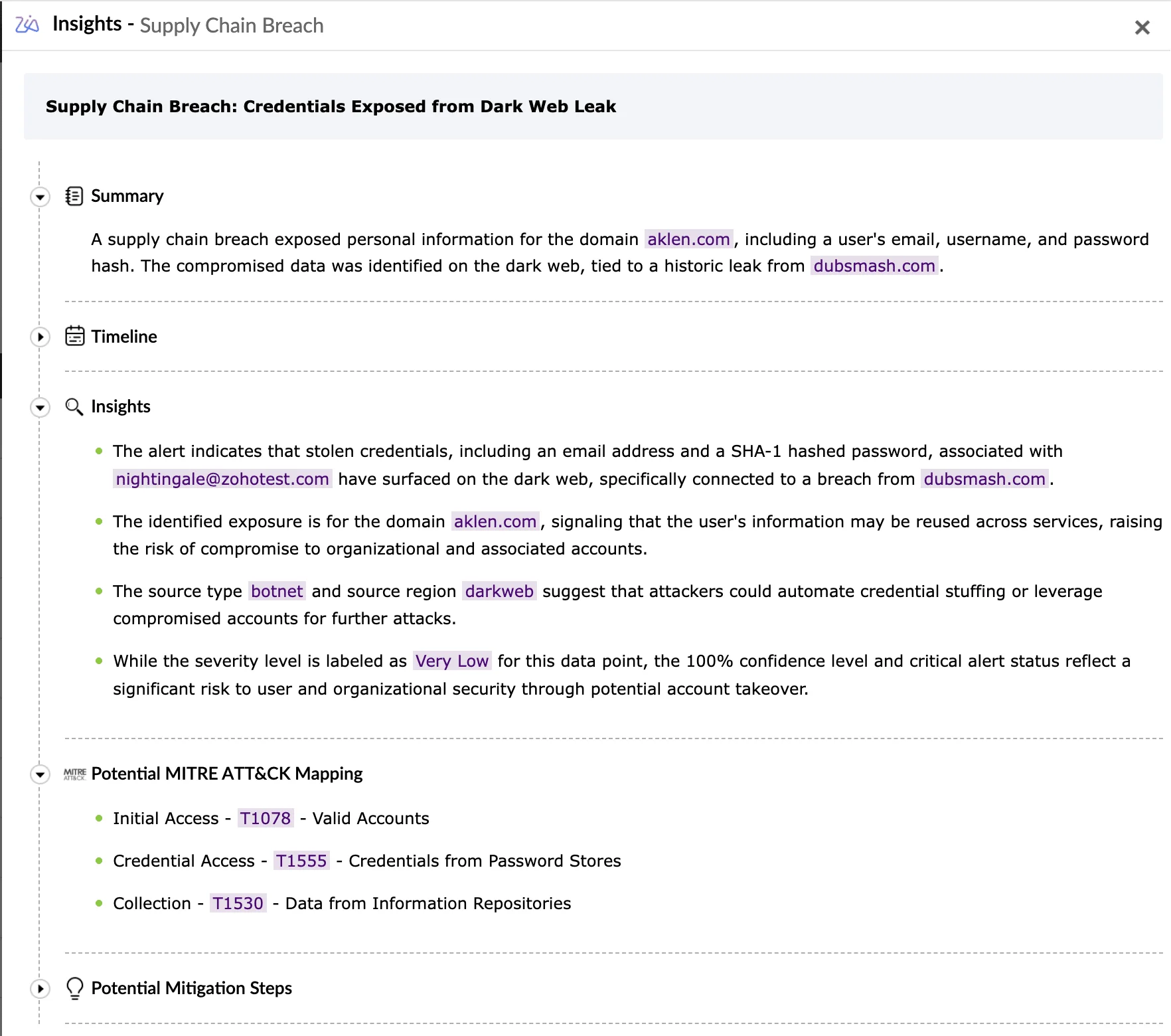 AI powered contextual analysis of a security alert including MITRE ATT&CK mapping, impact, and recommended actions