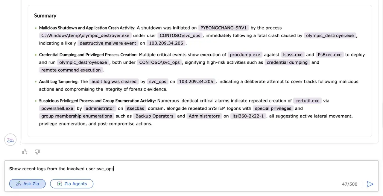 Plain-language summary of search results with key findings from the retrieved security data.