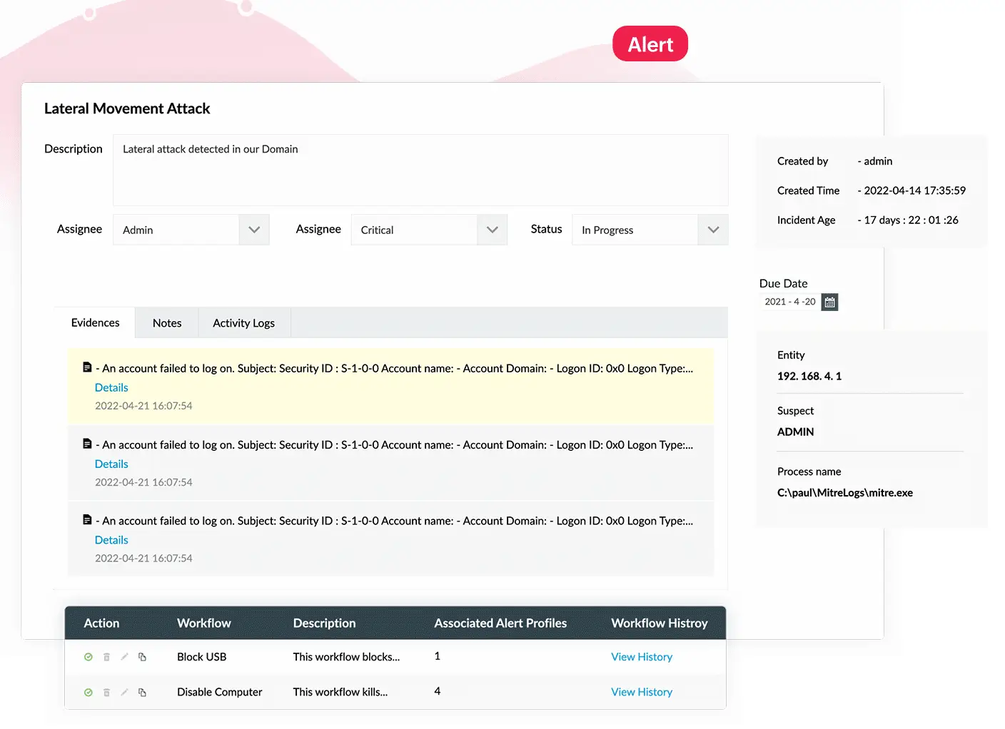 Automated incident response workflow in Log360 showing predefined and custom workflows