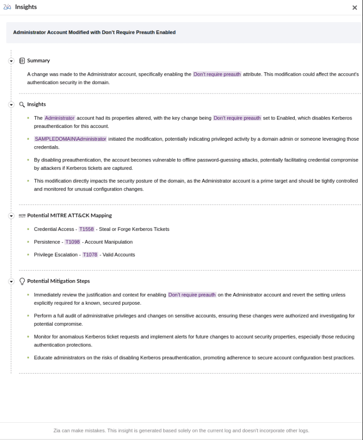 Zia Insights generated for the selected log