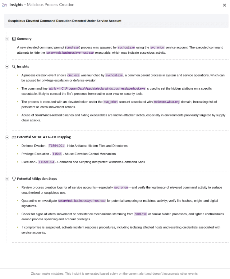 Zia Insights generated for Alerts