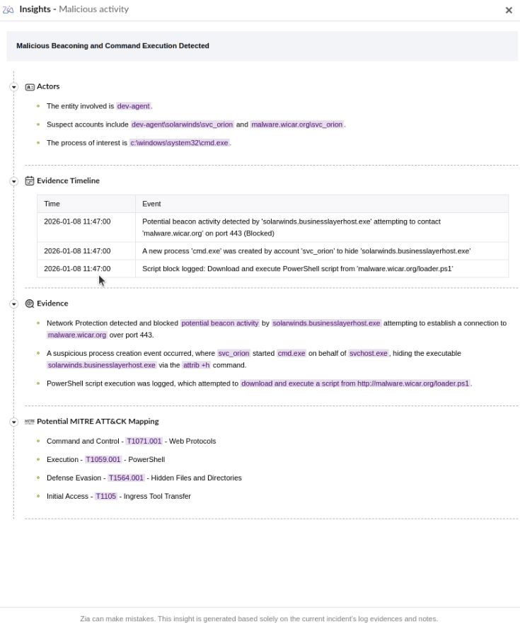 Zia Insights generated for Incidents
