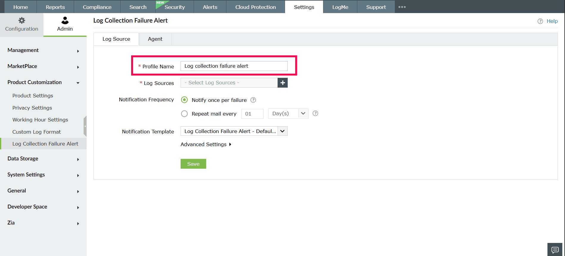 Log Collection Failure Alert in ManageEngine Log360 Cloud