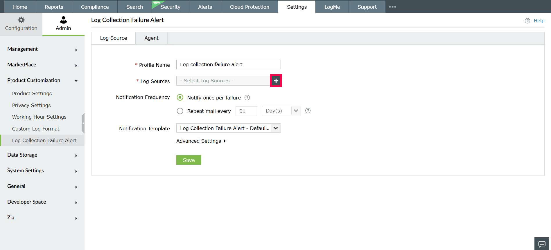 Log Collection Failure Alert in ManageEngine Log360 Cloud