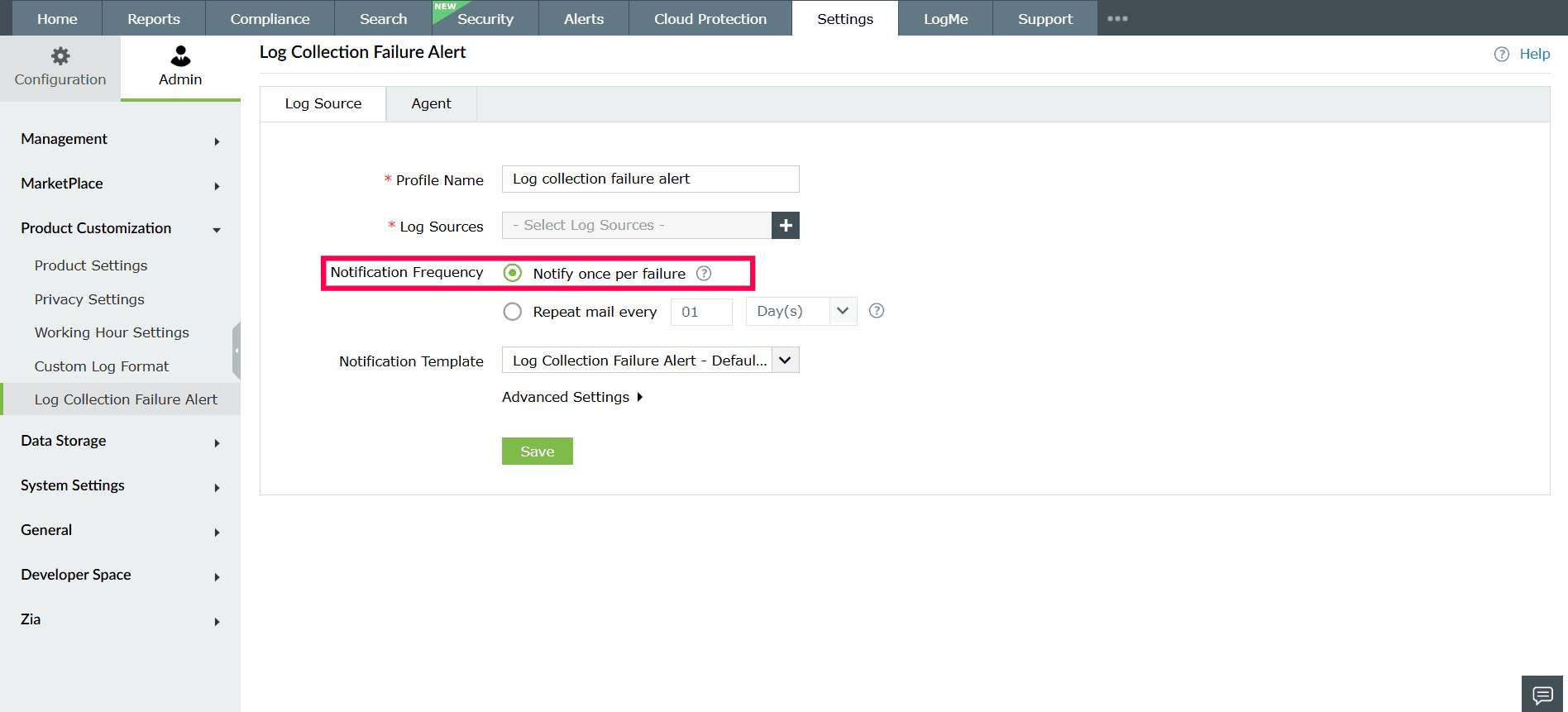 Log Collection Failure Alert in ManageEngine Log360 Cloud