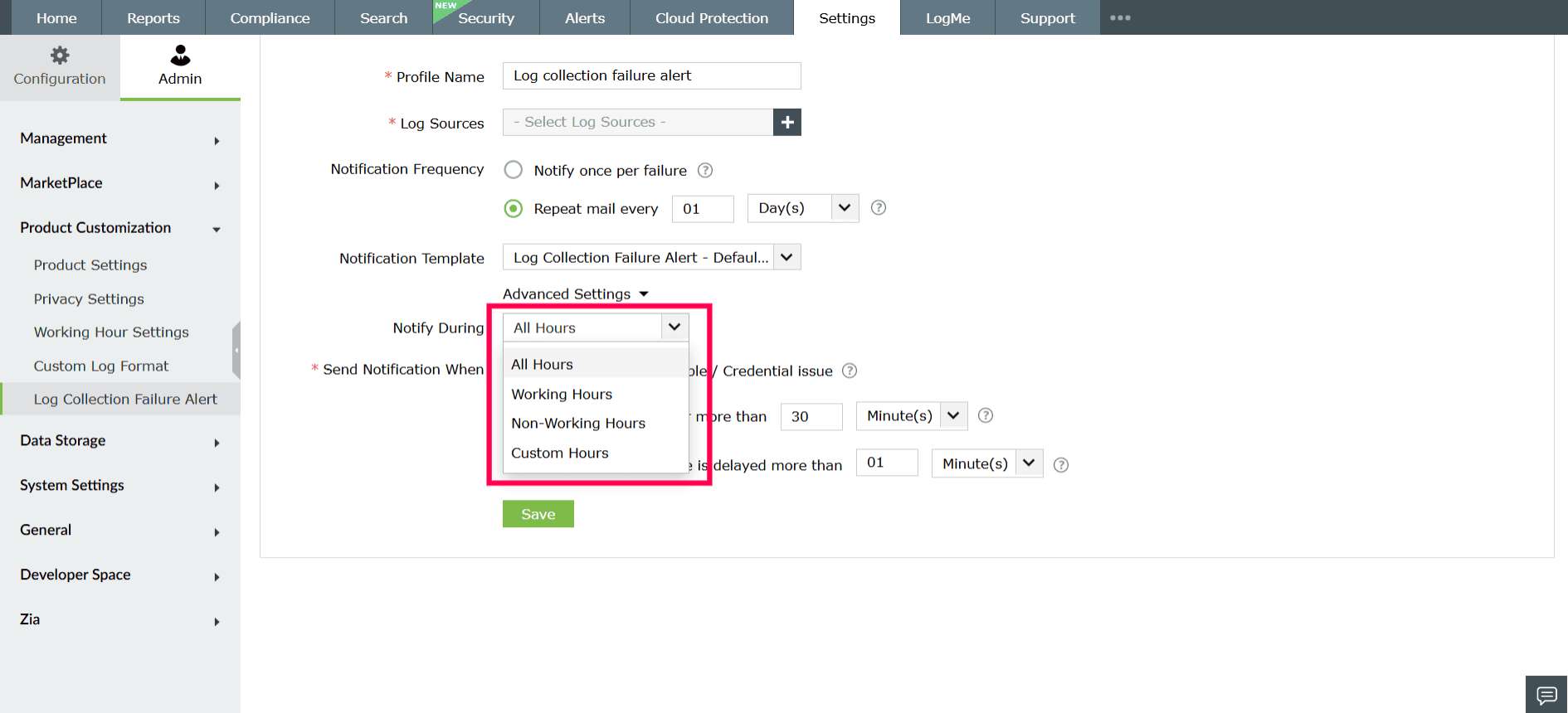 Log Collection Failure Alert in ManageEngine Log360 Cloud