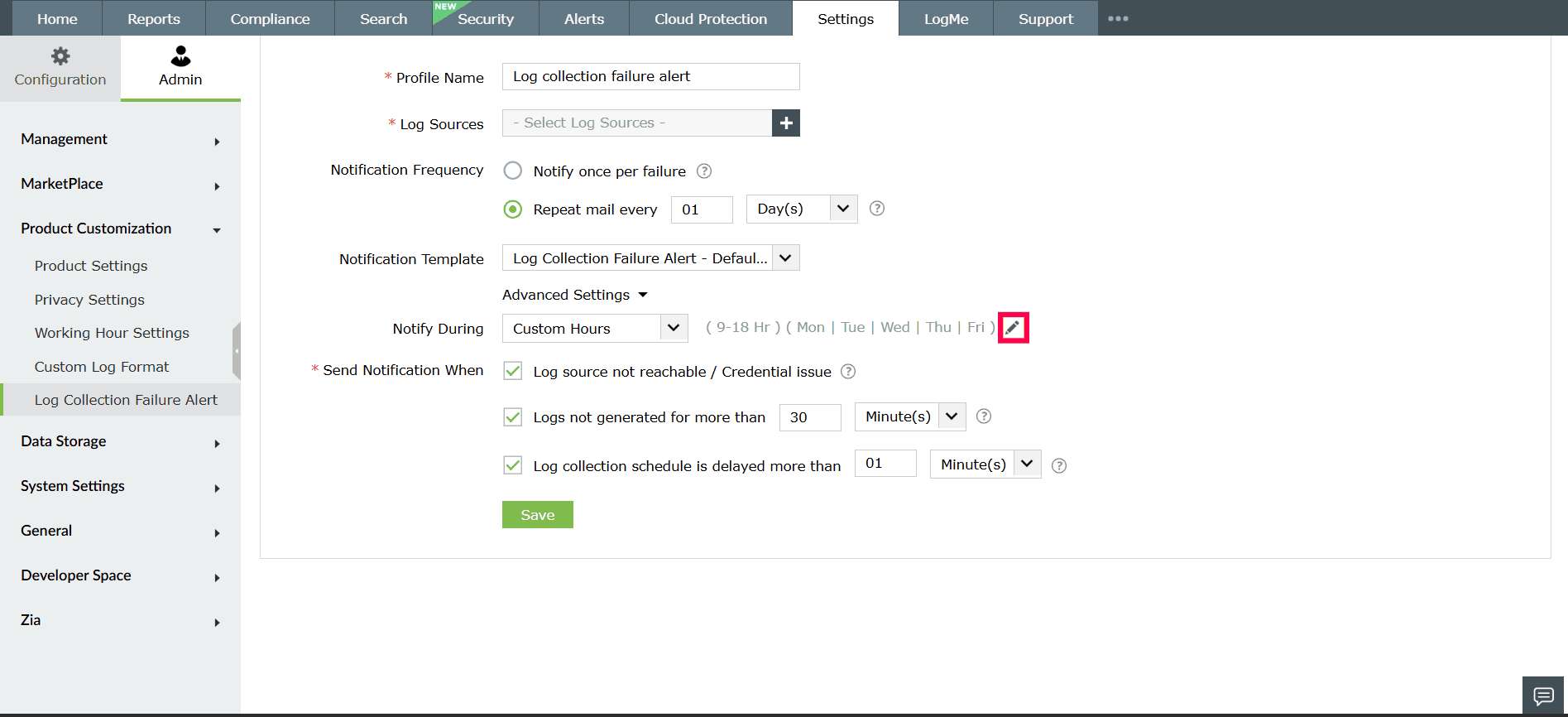 Log Collection Failure Alert in ManageEngine Log360 Cloud