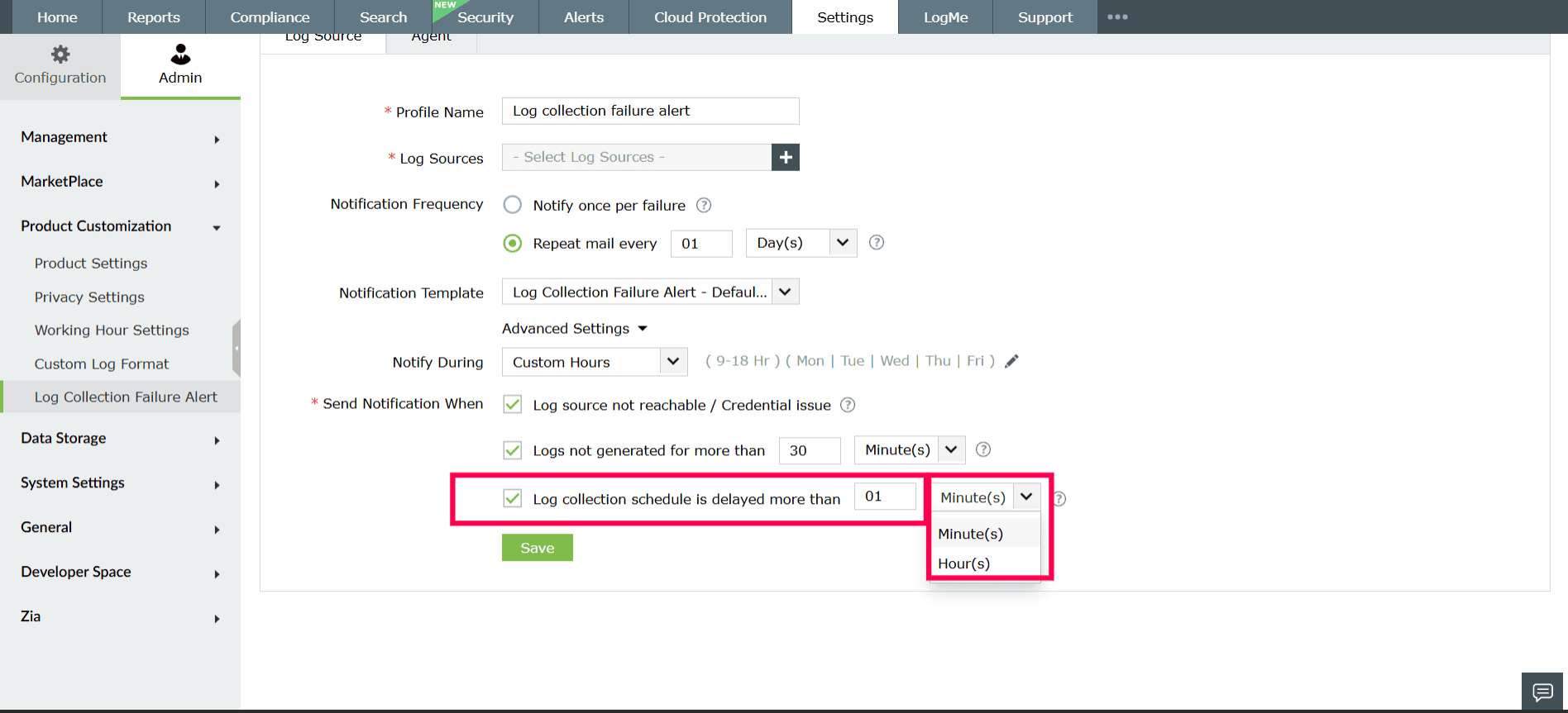 Log Collection Failure Alert in ManageEngine Log360 Cloud