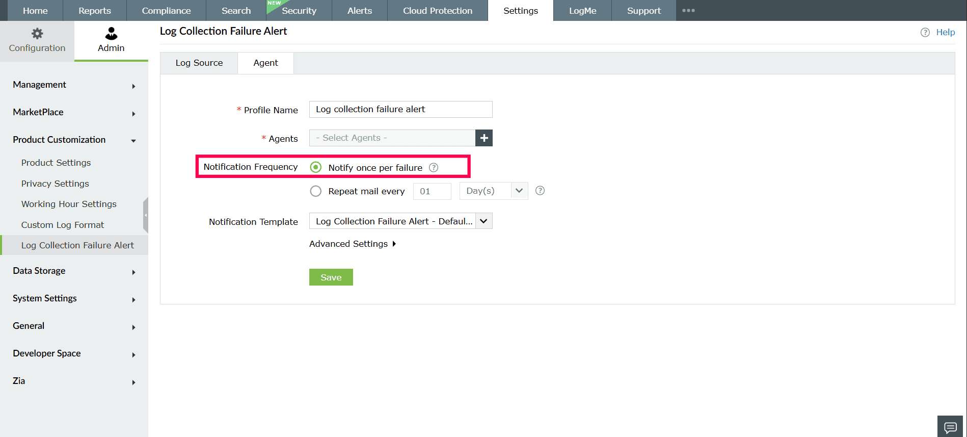 Log Collection Failure Alert in ManageEngine Log360 Cloud