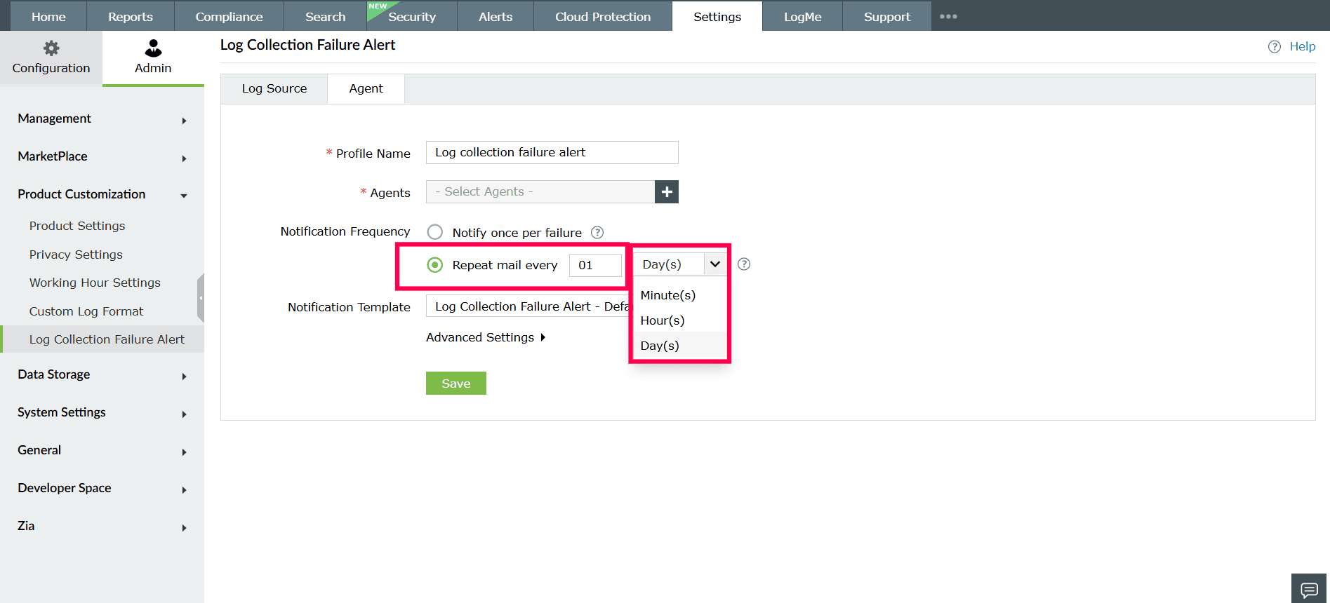Log Collection Failure Alert in ManageEngine Log360 Cloud