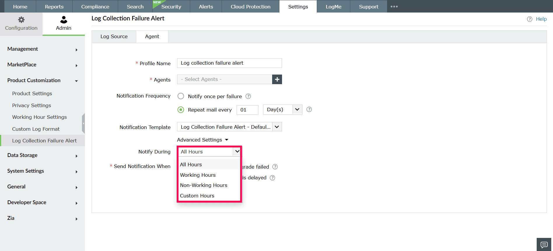 Log Collection Failure Alert in ManageEngine Log360 Cloud