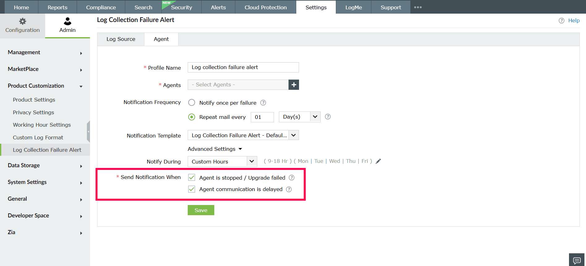 Log Collection Failure Alert in ManageEngine Log360 Cloud