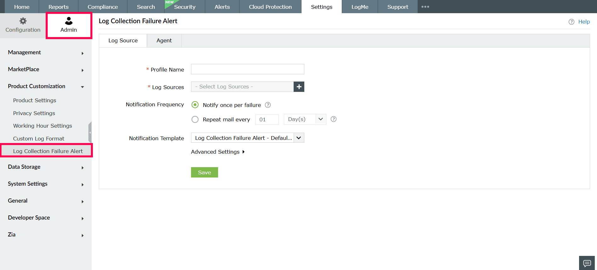 Log Collection Failure Alert in ManageEngine Log360 Cloud