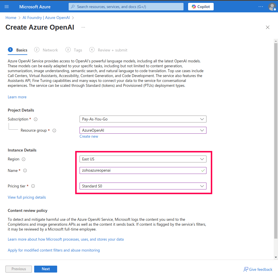 Instance details for Azure OpenAI service