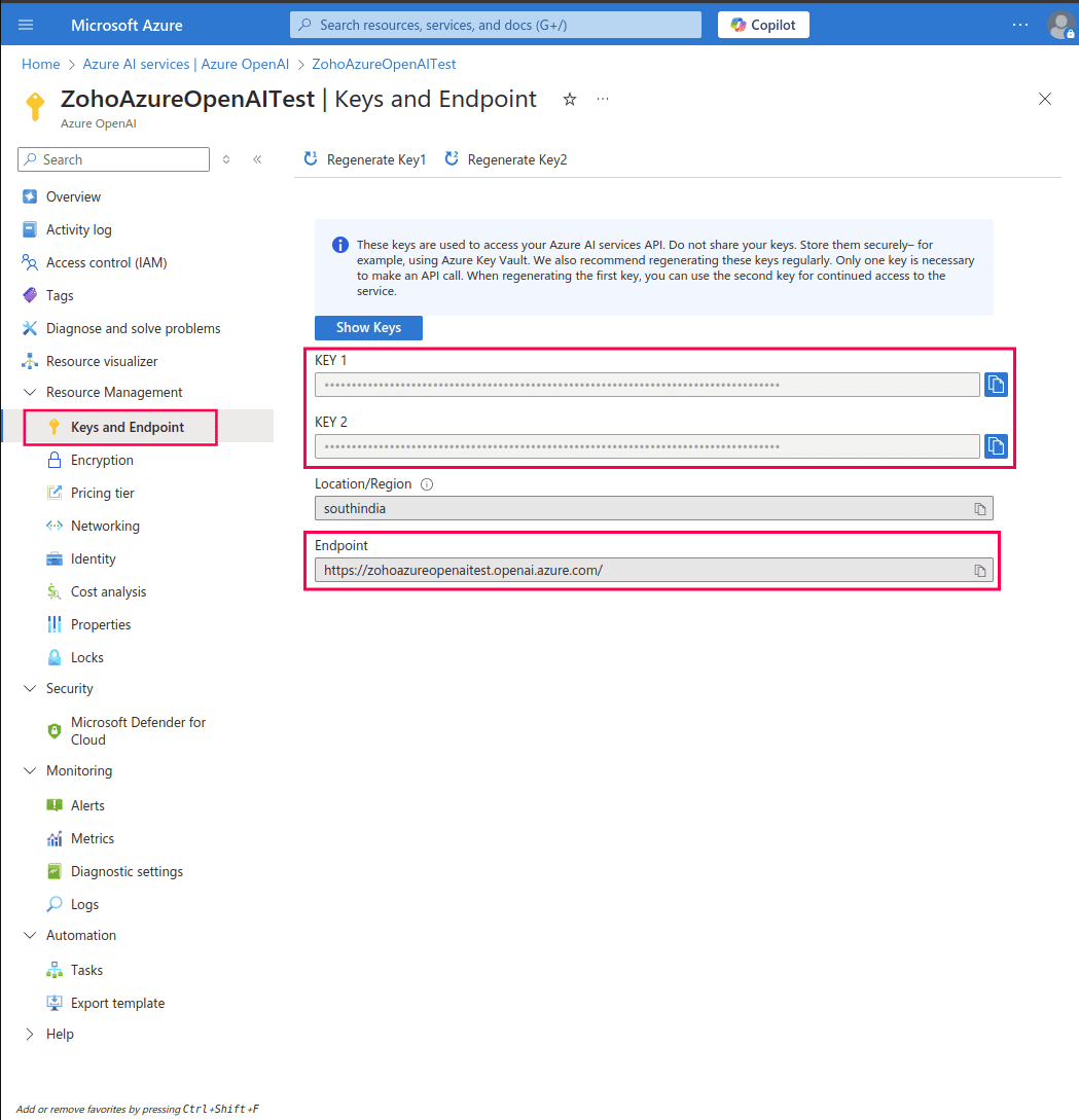 Obtaining API keys and Endpoint URL for Azure OpenAI resource