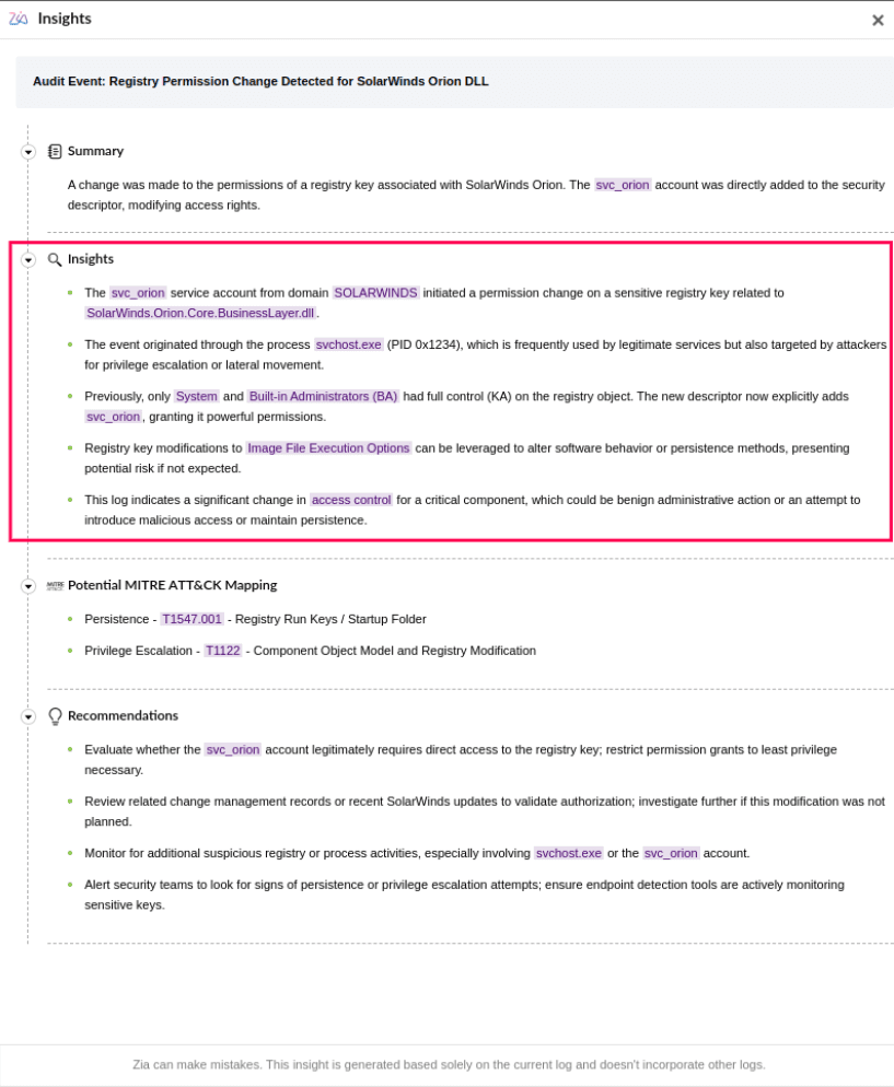 Insights generated by Zia based on Alert data