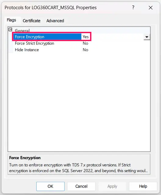 Configuring MSSQL Force Encryption in ManageEngine Log360 Cloud