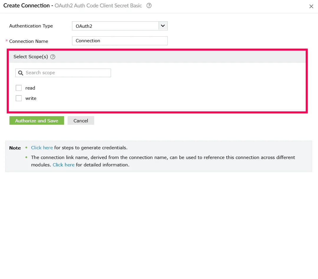 Selecting scopes for OAuth 2 connection