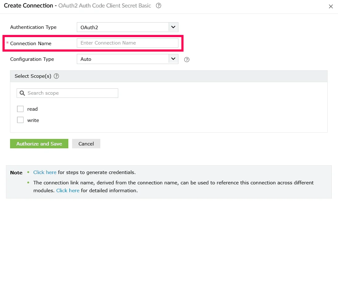 Entering a connection name for OAuth 2 configuration