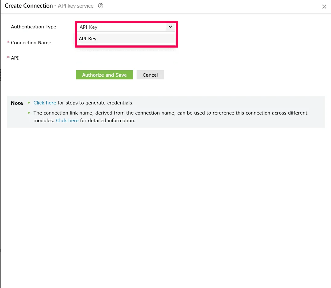 Selecting an authentication type for API key connection