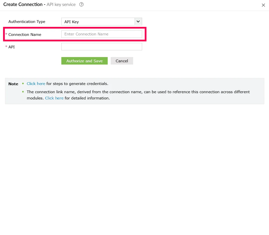 Entering a connection name for API key connection