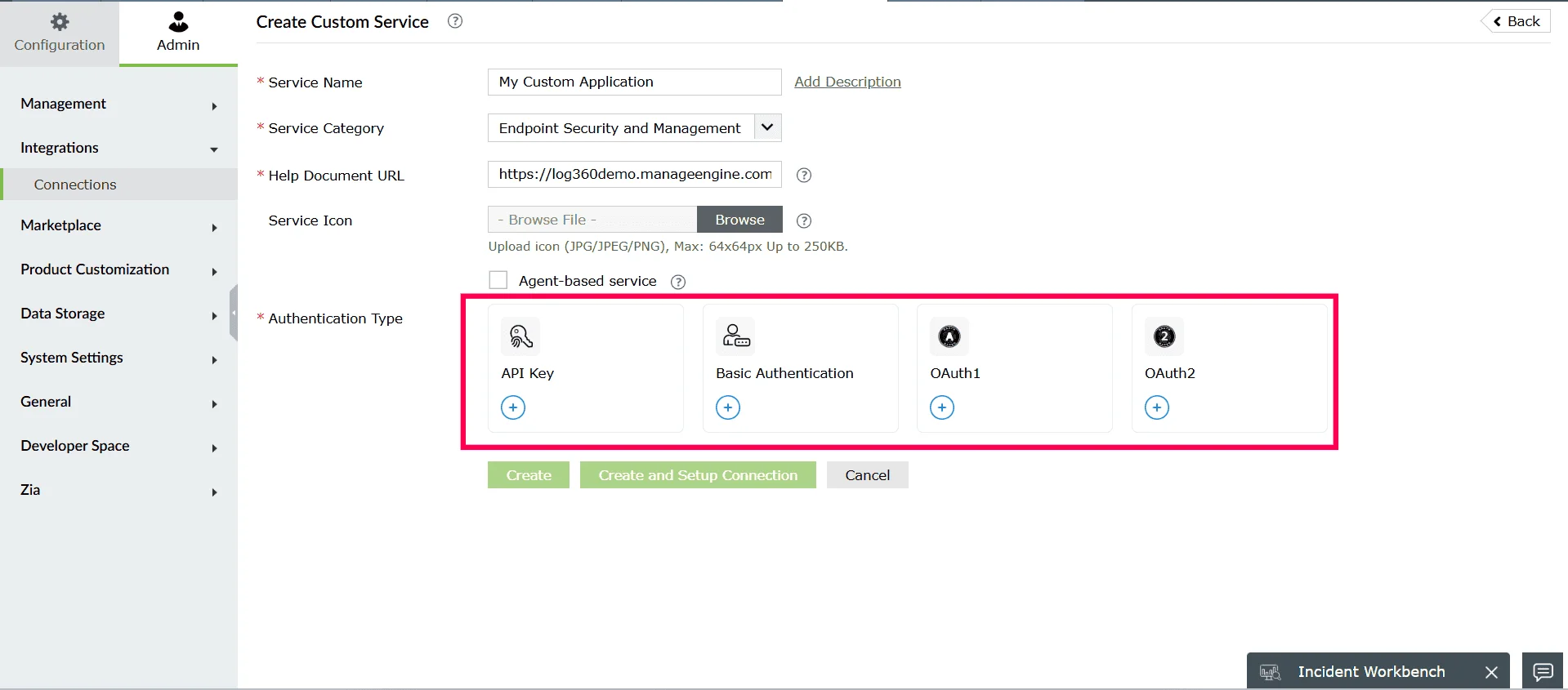 Selecting an authentication type when creating a custom service