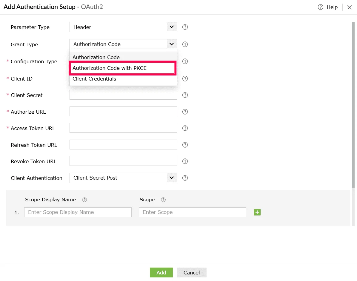 Selecting grant type from the Grant Type drop-down
